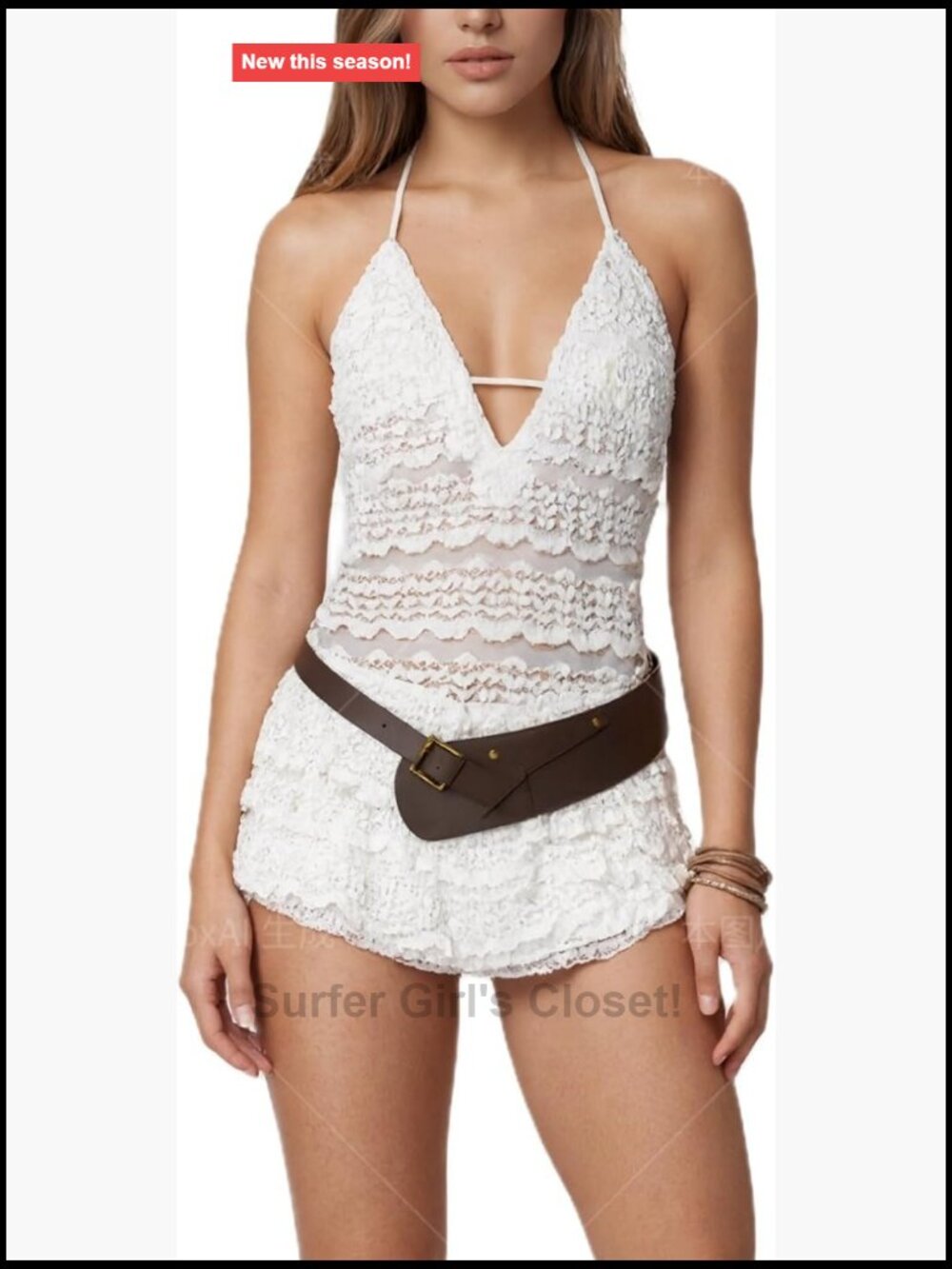 Sheer Lace Halter Romper Deep V Neck Tie Back Backless Ruffled Coquette Slim